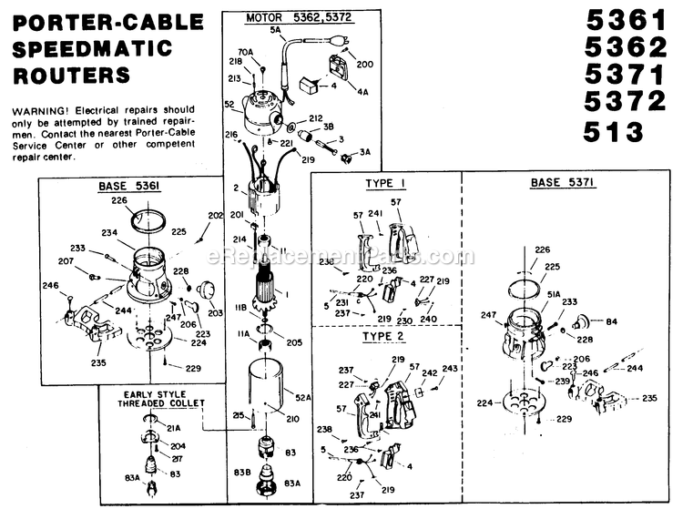 Porter Cable 5372 Motor #536537 Power Tool Page A Diagram